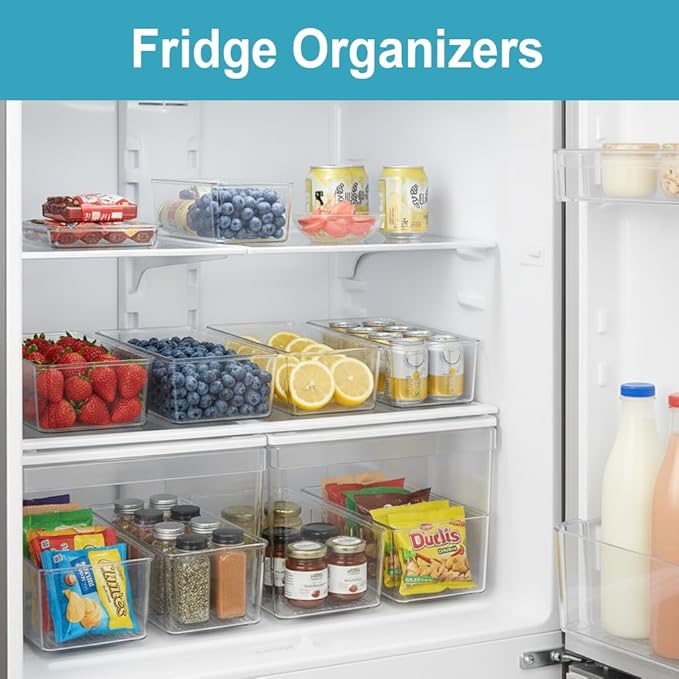 Set of 8 Clear Plastic Storage Bins, 2 kinds size Pantry Organizers for Refrigerator,Fridge,Freezer Organization and Storage,Kitchen Storage Containers for Packets, Snacks, Pouches, Spice Packets