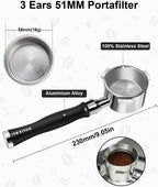51mm Bottomless Portafilter 3 Ears Compatible with Delonghi Dedica EC680/EC685/EC885 and SMEG, EUPA Espresso Machines, Espresso Naked Bottomless Portafilter with Puck Screen and 18g Filter Basket
