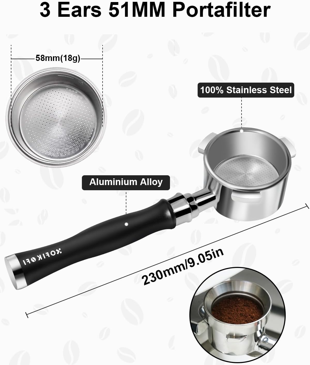 51mm Bottomless Portafilter 3 Ears Compatible with Delonghi Dedica EC680/EC685/EC885 and SMEG, EUPA Espresso Machines, Espresso Naked Bottomless Portafilter with Puck Screen and 18g Filter Basket