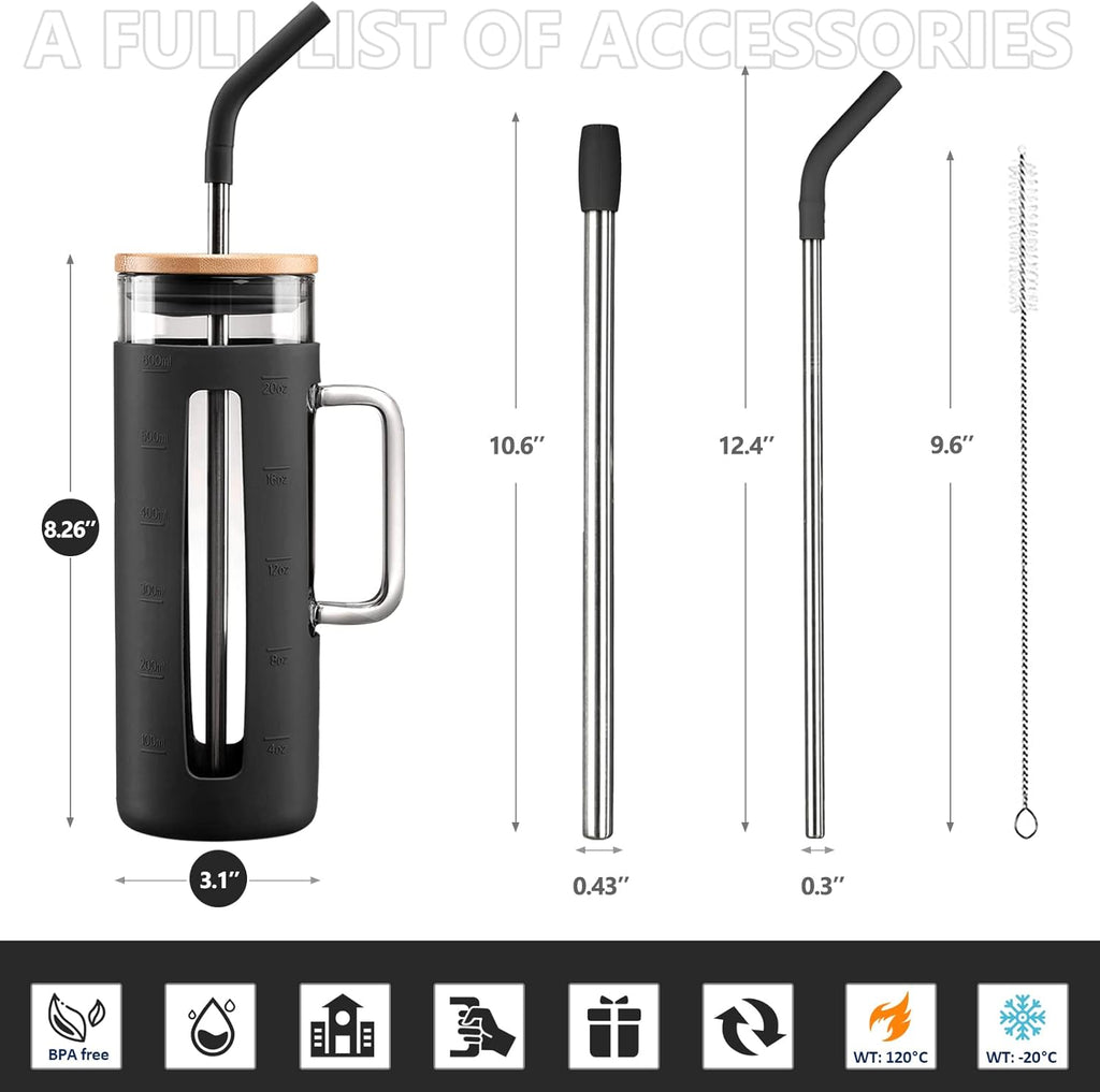 Kodrine Tumbler with Lid and Straw, 20 oz Glass Coffee Tumbler with Handle, Smoothie Cup with Bamboo Lid | Time Marker | Silicone Protective Sleeve, BPA Free - Black