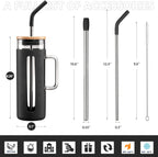 Kodrine Tumbler with Lid and Straw, 20 oz Glass Coffee Tumbler with Handle, Smoothie Cup with Bamboo Lid | Time Marker | Silicone Protective Sleeve, BPA Free - Black