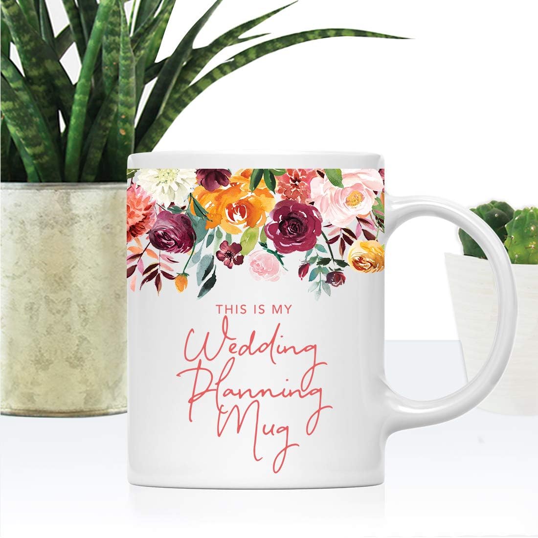 Andaz Press 11oz. Wedding Ceramic Coffee Tea Mug Gift, Fall Autumn Burgundy Orange Peach Flowers Roses Florals, This is My Wedding Planning Mug, 1-Pack, Includes Gift Box