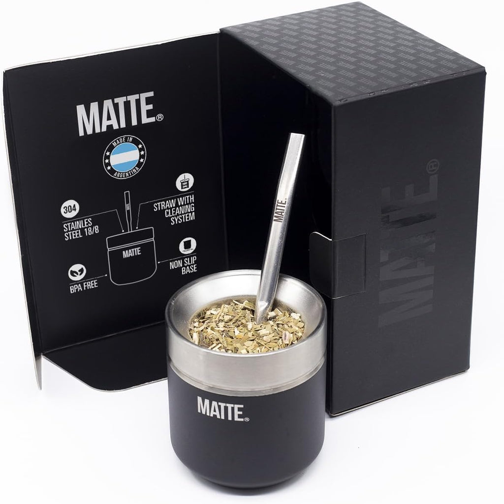 Matte 6.5 oz Yerba Mate Gourd and Bombilla Set - Includes DS Pro Box - BPA Free Yerba Mate Set Kit with Mate Straw, Elegant Design, Non-Slip Base (Black)