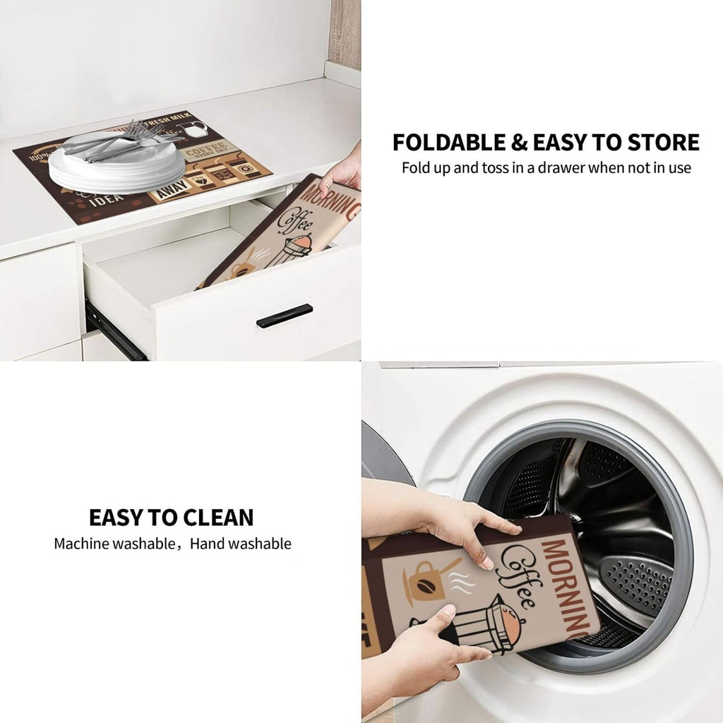 Retro Coffee Pattern Dish Drying Mat, Highly Absorbent Microfiber Kitchen Counter Pad Reusable Washable, 16*18"