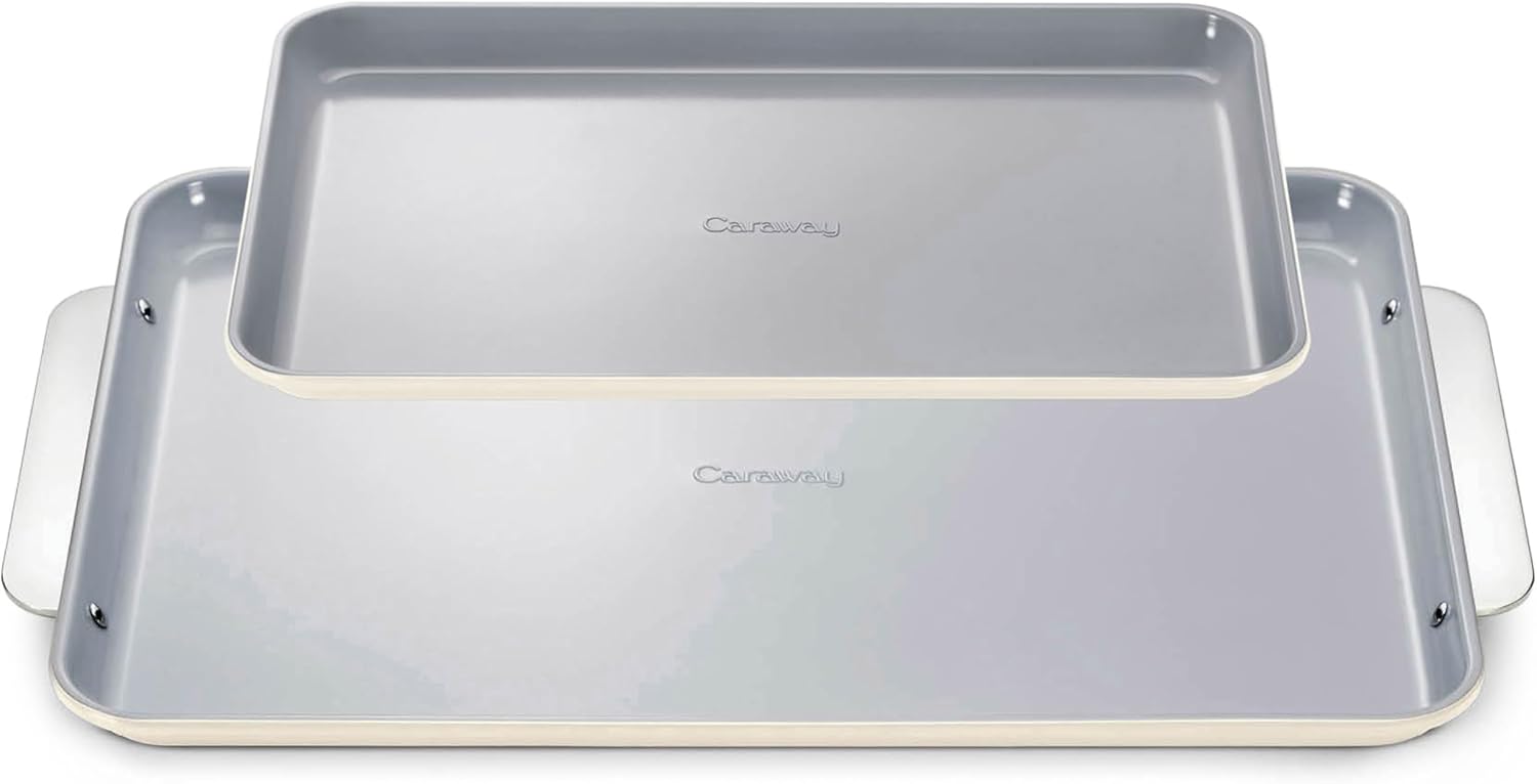 Caraway Non-Stick Ceramic Baking Sheet Duo - Naturally Slick Ceramic Coating - Non-Toxic, PTFE & PFOA Free - 18 x 13" Large & 15 x 10" Medium - Cream
