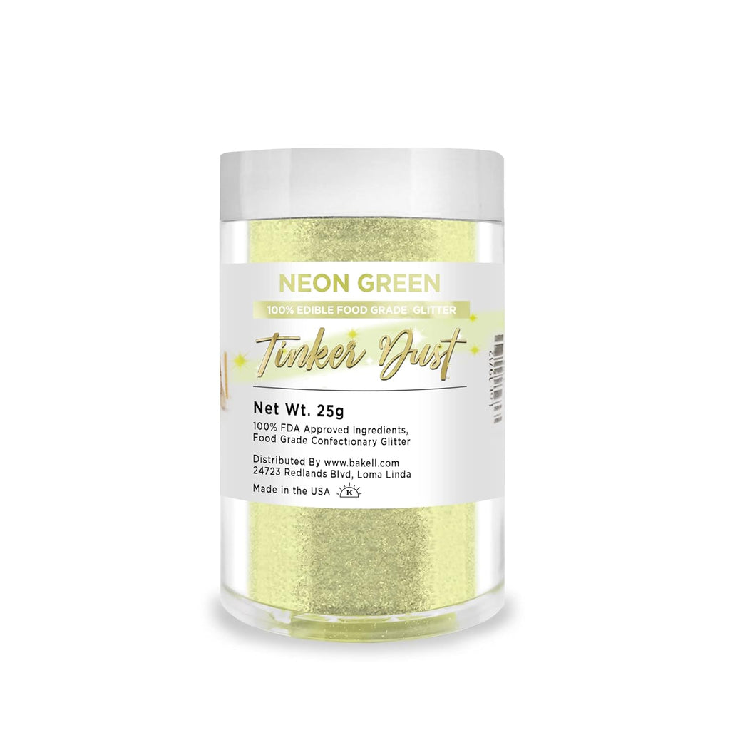 BAKELL Neon Green Edible Glitter, 25 Grams | TINKER DUST Edible Glitter | KOSHER Certified | 100% Edible Glitter | Cakes, Cupcakes, Cake Pops, Drinks, Dessert Vegan Glitter & Dusts (25g, Neon Green)