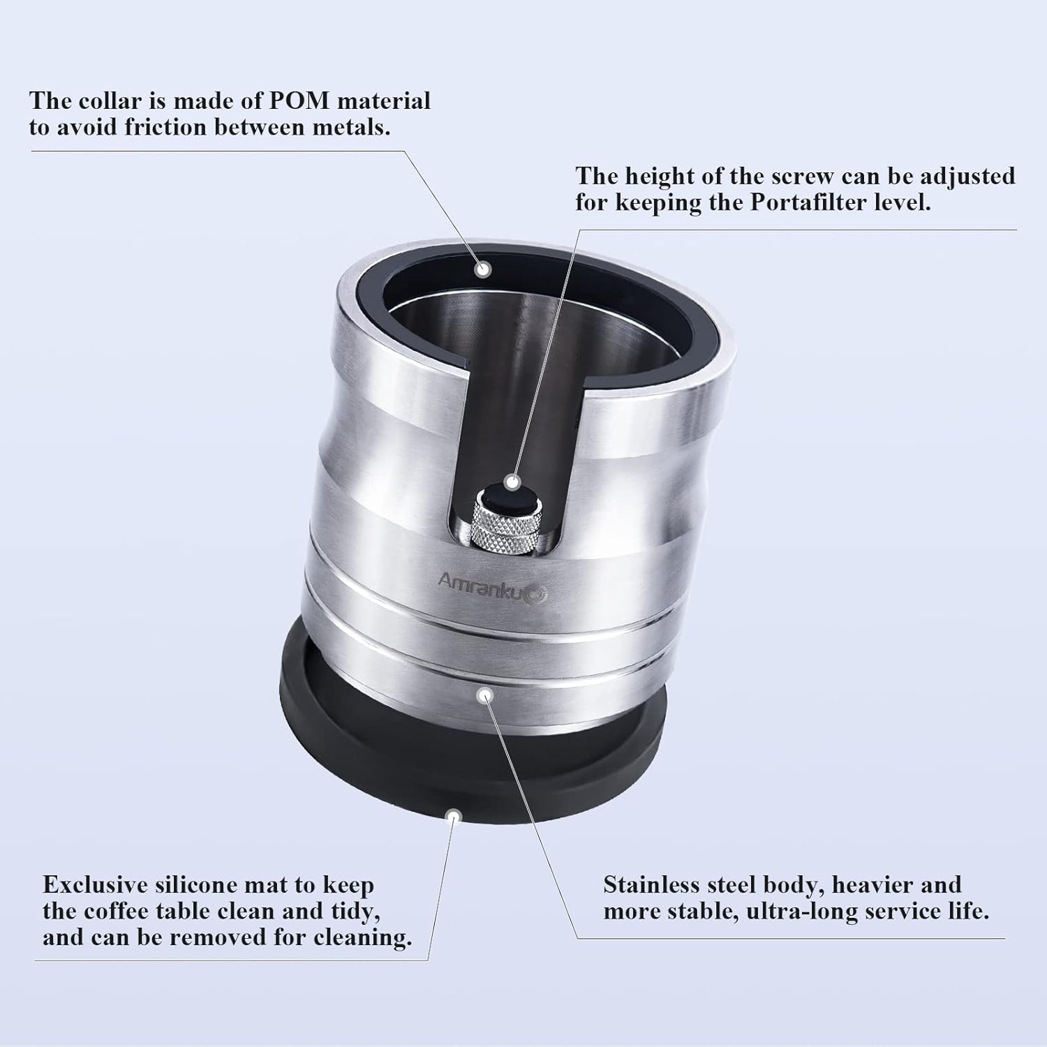 Portafilter Holder - Espresso Tamping Station Crafted from Solid 304 Stainless Steel for Most 58mm Portafilters with Adjustable Height Screw | Stable and Efficient Puck Preparation