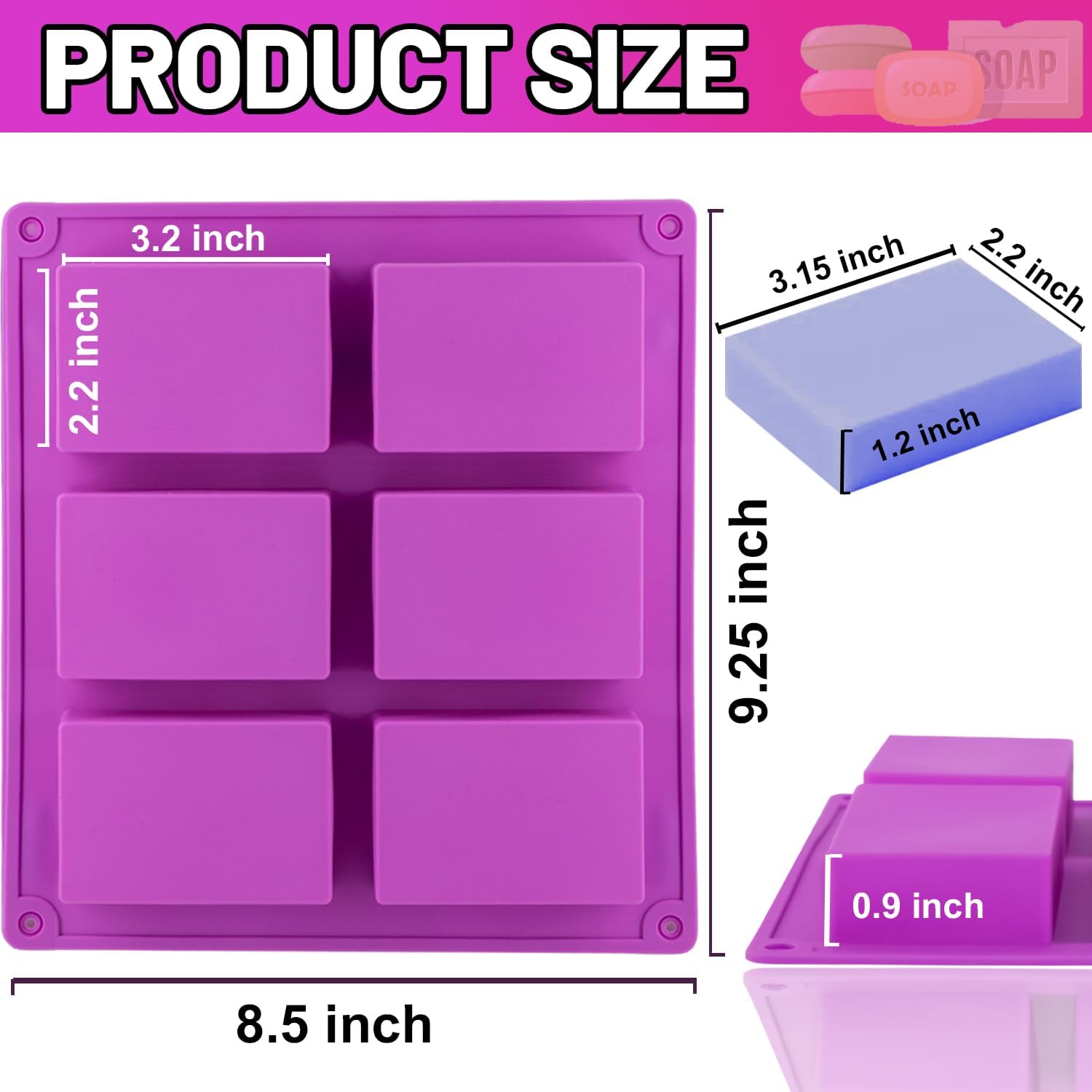2 Pack Silicone Soap Molds, 6 Cavities Rectangle Silicone Soap Molds, Great for Homemade Craft Soap Mold, Chocolate Mold, Cake Mold ＆ Ice Cube Tray - Just Pop Out（Purple)