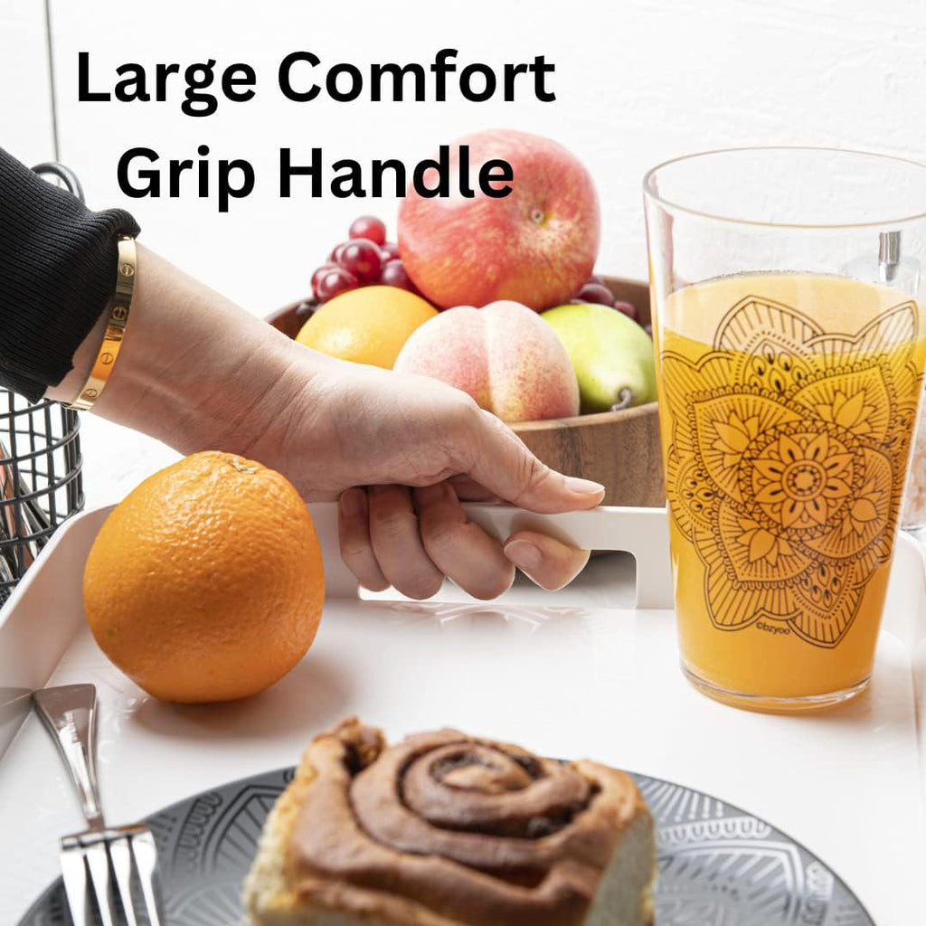 Bzyoo Melamine Gallery Tray -11.5in x 16inch Large Rectangle Serving Tray with Handle for Entertaining, Ottoman and Kitchen Counter Decor, Decorative Home Coffee Table Tray or Vanity Tray - White