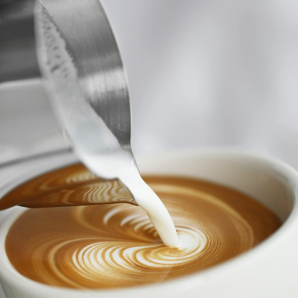 MHW-3BOMBER Milk Frothing Pitcher 520ml/17.6oz Milk Frother Cup Espresso Steaming Pitcher Stainless Steel Milk Frother Cup Barista Latte Art Round Spout Milk Jug, Cream white P6019W-OS