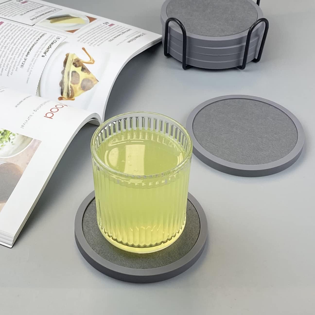 Absorbent Coasters for Drinks with Holder - 6packs, Silicone Coaster with Soft Felt Insert (4.3 inch Coasters with 4.5 inch Holder, Grey)