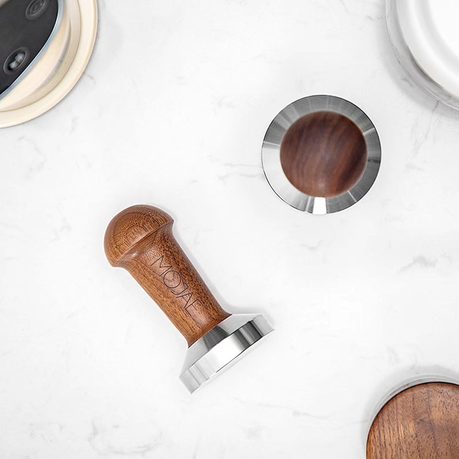 MOJAE 58.5mm Espresso Tamper, Coffee Tamper, Espresso Press Tool with 304 Stainless Steel Flat Base and Walnut Wooden Handle for Barista Espresso Machines, Fits for 58mm Portafilter