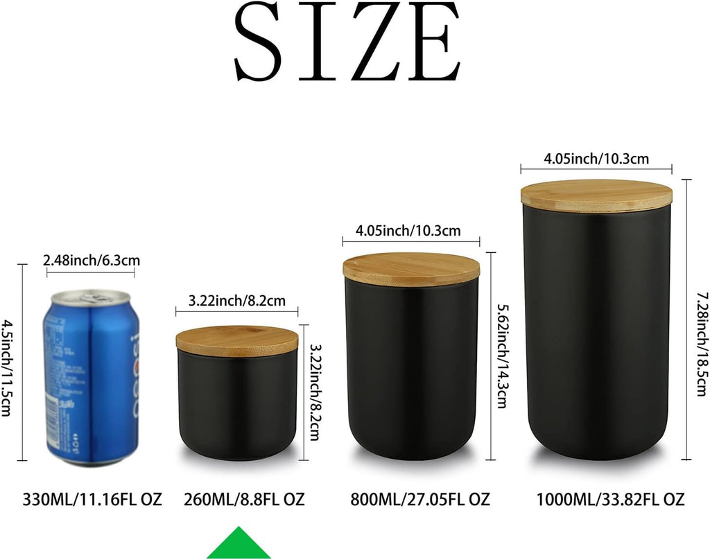 jessie Ceramic Storage Containers with Airtight Seal Bamboo Lids Kitchen Canisters for Tea Spice Seasoning Sugar Coffee (black, 260ml/9 oz)