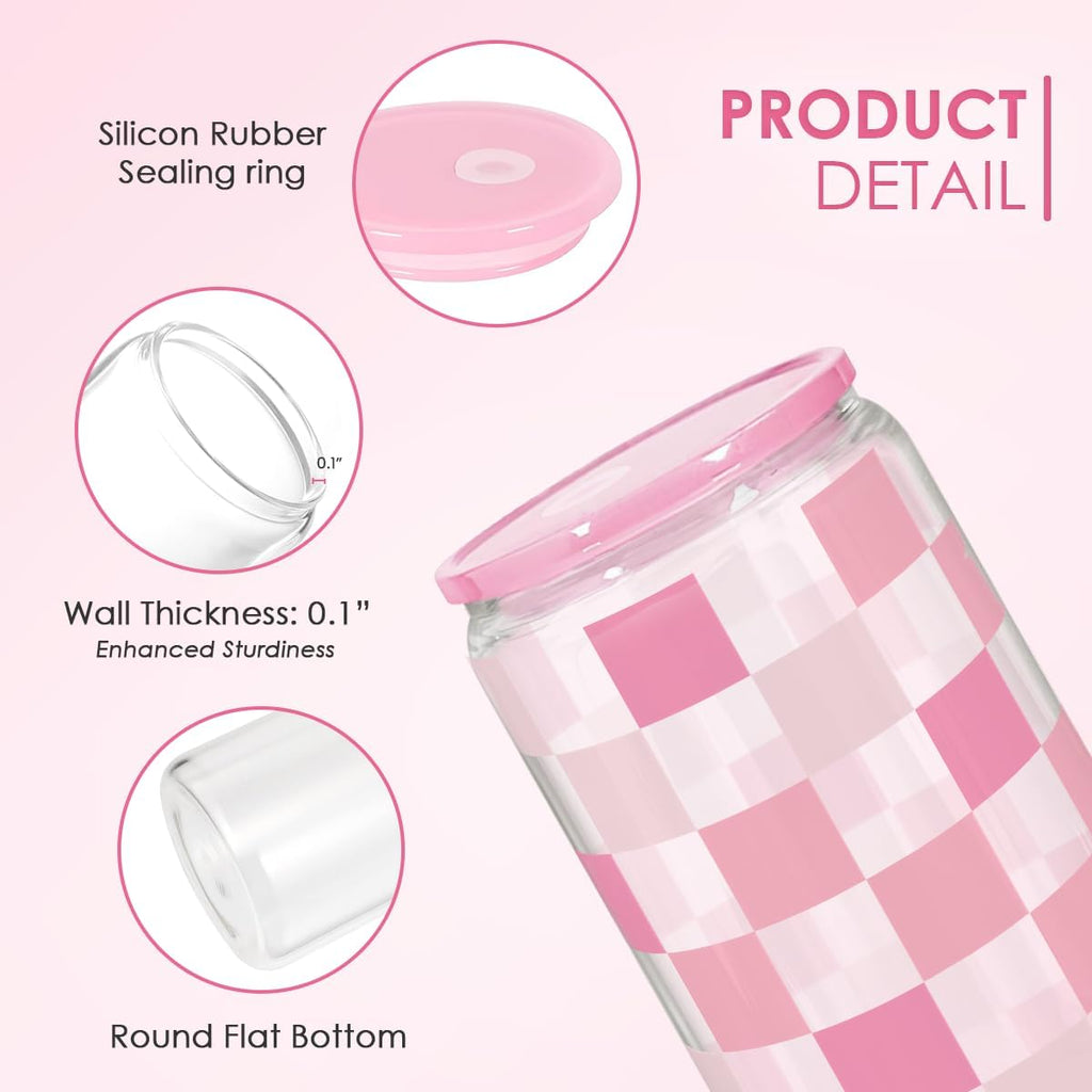 Checker 16 Oz Can Glass Tumbler with Acrylic Lid and Straw - Iced Coffee Cups for Women, Aesthetic Glass Cup Gift for Birthday Christmas
