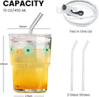 Iced Coffee Cup, 15Oz/450ml Glass Cups With Lids And Straws, Iced Coffee Glasses Tumbler, Thick Wall Glass Mug For Tea Water With 2 Straw, Coffee Tumbler Gifts