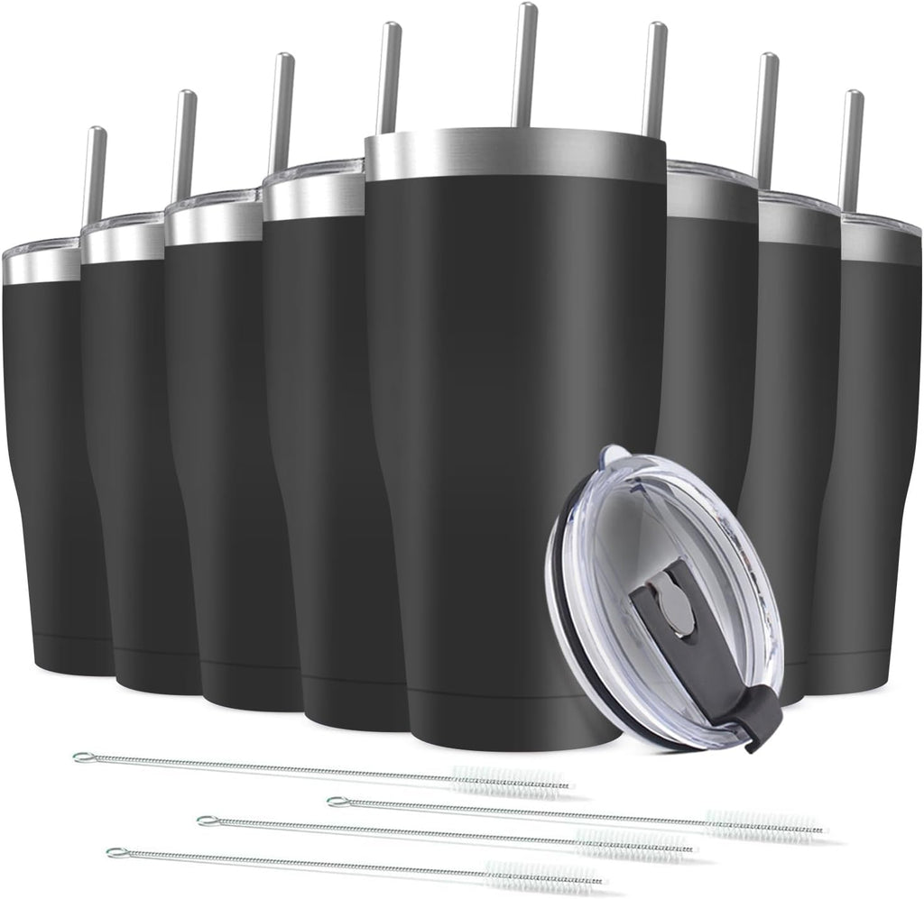 8 Pack 20oz Stainless Steel Tumblers Bulk Reusable Travel Mugs with Lid, Double Wall Powder Coated Coffe Cup for Home, Office, Outdoor Suitable for Vehicle Cup Holders