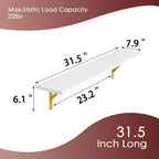 DINZI LVJ Long Wall Shelves, Set of 4, 31.5Inch Wall Mounted Shelves, Floating Shelves for Wall Storage with Metal Brackets, for Living Room, Bathroom, Bedroom, Kitchen, White and Gold