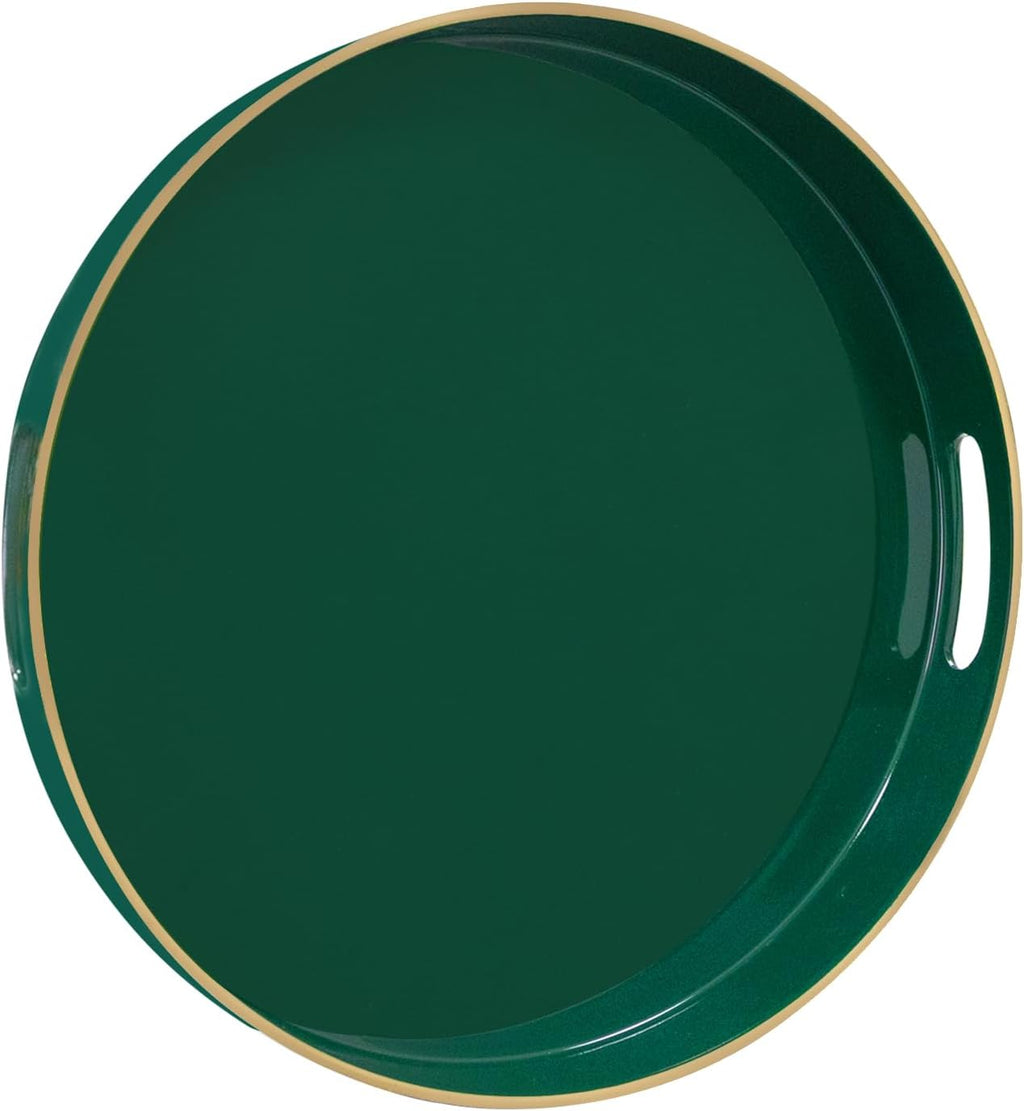 MAONAME Dark Green Decorative Tray, 13" Round Serving Tray with Handles, Plastic Trays for Coffee Table, Modern Ottoman Trays for Living Room, Bedroom