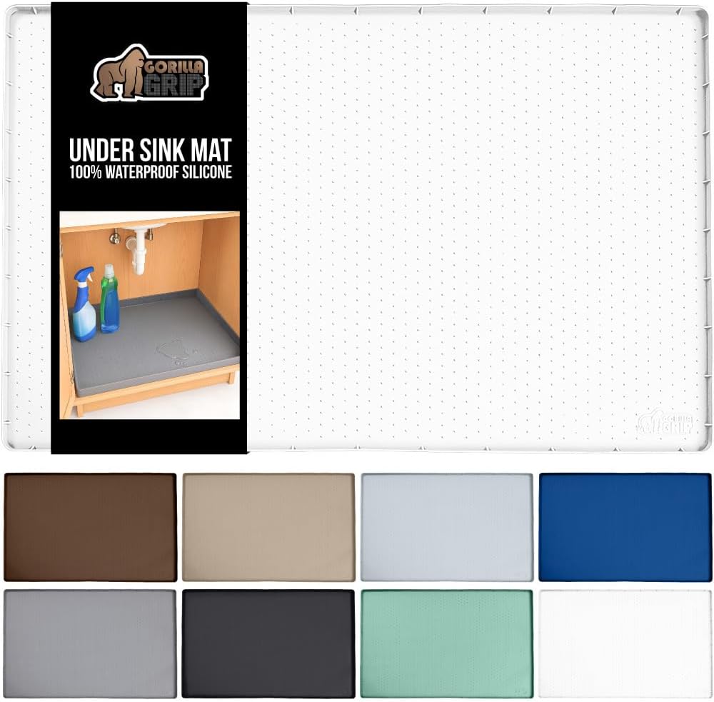 GORILLA GRIP Waterproof Silicone Under Sink Mat with Raised Lip for Kitchen and Bathroom, Cabinet Shelf Liner Stay in Place Mats Dishwasher Safe Drawer Liner, Organizer Tray, 19 x 22 in, White