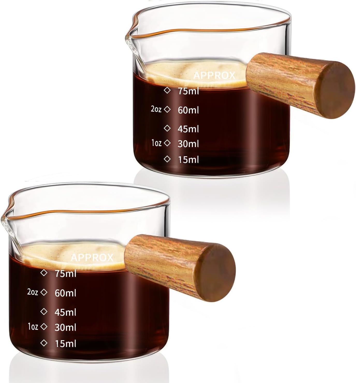 YARRAMATE 3oz Espresso Shots Cup with Wood Handle (2 Pack), Clear Glass Espresso Machine Accessories, Espresso Measuring Cup with Dual Scale, Espresso Shot Glass with Single Spout