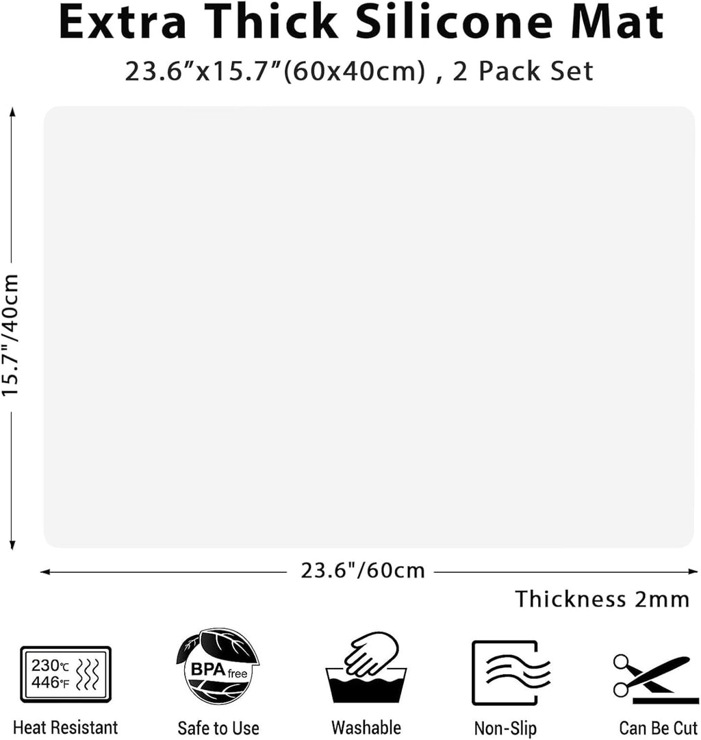 2MM Extra Thick Silicone Mats for Kitchen Counter, 23.6" x15.7" Non-Slip Waterproof Large Countertop Protector, Heat Resistant Mat, 2 Pack Silicone Craft Mat, Semitransparent