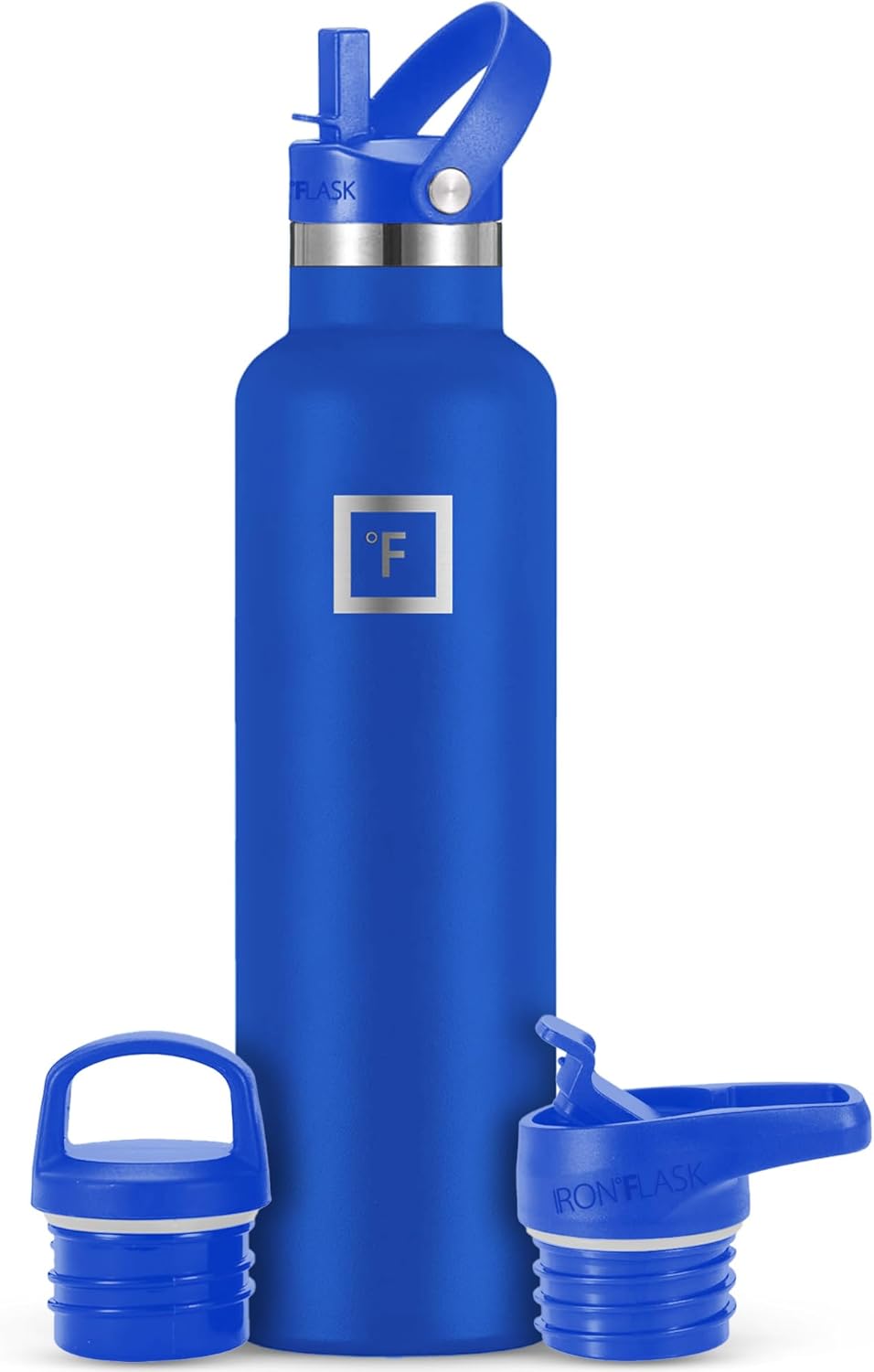 IRON °FLASK Camping & Hiking Hydration Canteens - 3 Lids (Narrow Straw Lid) Leak Proof Vacuum Insulated Stainless Steel - Hot & Cold Double Walled Sports Water Bottle - Cobalt, 24 Oz