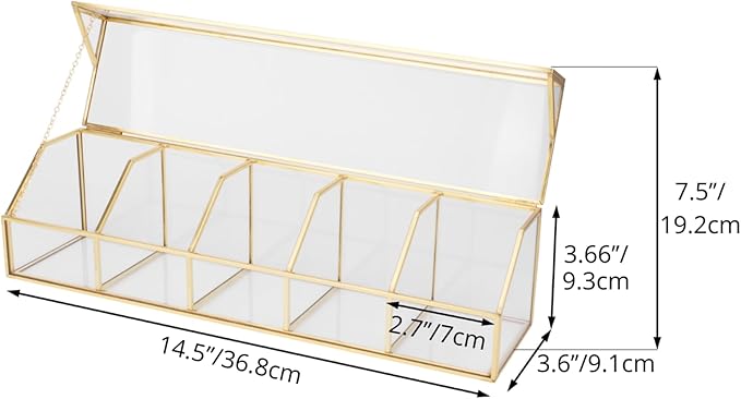 NCYP Glass Tea Bags Organizer with 5 Grids Compartments, Indoor Counter Top Brass Display Case with Lid, Storage Box, Gold, Decor, Teabag Storage, 14.5 x 3.6 x 3.66 Inches (Glass Box Only)