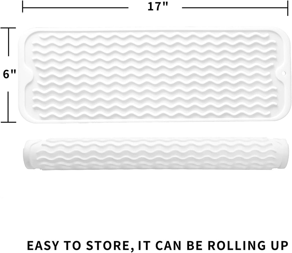Silicone Dish Drying Mat for Multiple Usage,Easy clean,Eco-friendly,Heat-resistant Silicone Mat for Kitchen Counter,Sink,Bar,Bottle,or Cup White M 17 inches x 6 inches