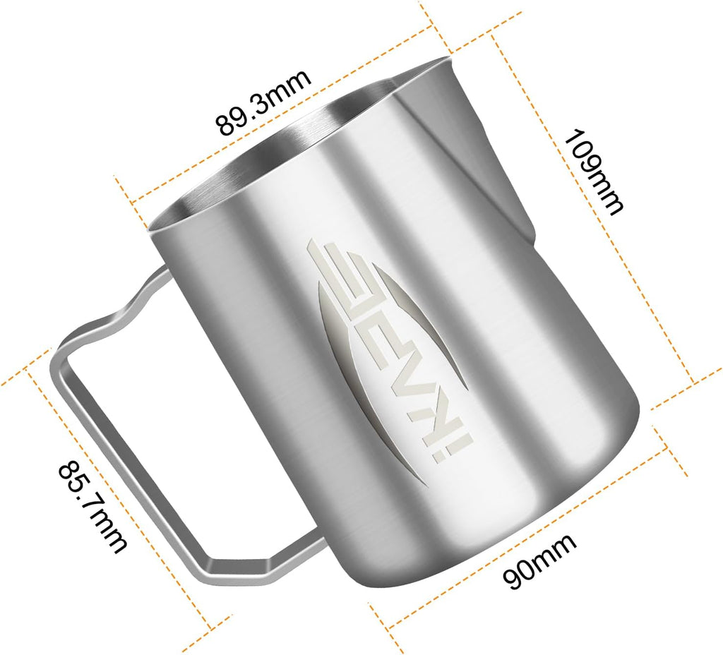 IKAPE Espresso Milk Pitcher, Espresso Steaming Pitcher with Sharp Spout for Espresso Barista Tool, 20.3 oz / 600ml Milk Frothing Jug (Silver)