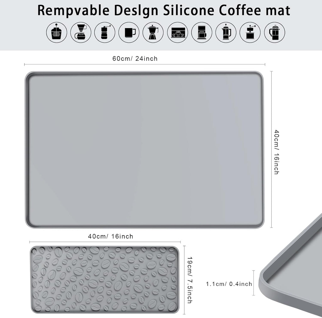 Silicone Coffee Bar Mat 24''x16'' Non-Slip Coffee Maker Mat, Heat-resistant Silicone Mat Detachable Dish Drying Mats for Kitchen Countertops, Waterproof Under Pad (Grey, 24''x16'')