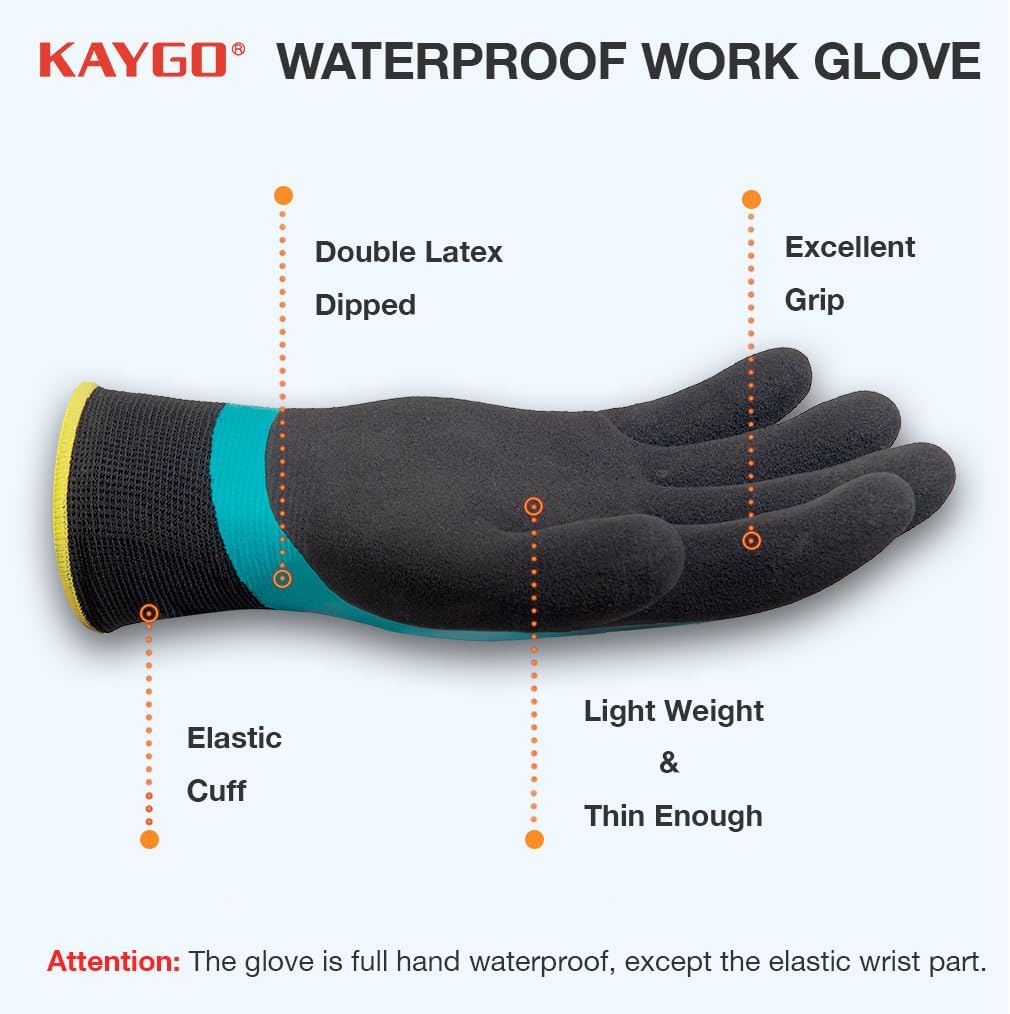 KAYGO Waterproof Work Gloves for Men and Women, Rubber Coated Non-slip Working Gloves for Garden, Outdoor Construction,3 pairs,Blue,M