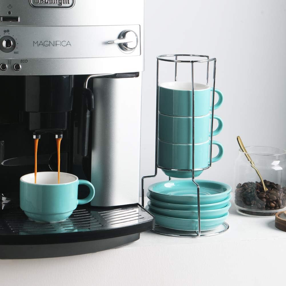 Sweejar Porcelain Espresso Cups with Saucers, 4 Ounce Stackable Cappuccino Cups with Metal Stand for Coffee Drinks, Latte, Tea - Set of 4 (Turquoise)