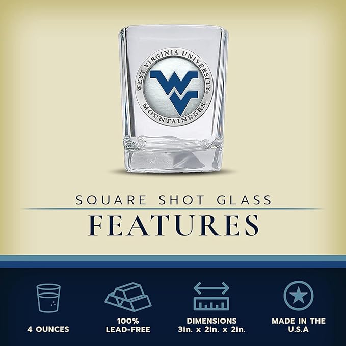 Heritage Pewter University of West Virginia Square Shot Glass | Hand-Sculpted 1.5 Ounce Shot Glass | Intricately Crafted Metal Pewter Alma Mater Inlay