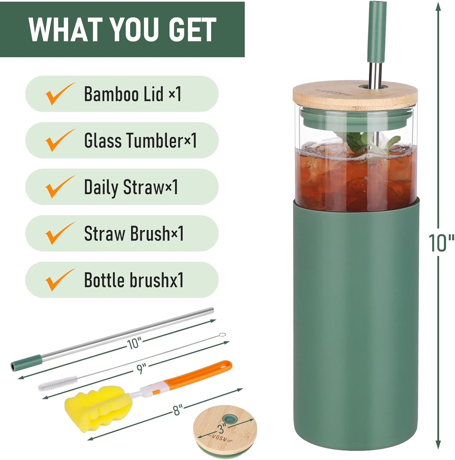 Glass Tumbler w/Lids & Straw:24oz Reusable Mug w/Bamboo Lid & Stainless Steel Straw-BPA-Free, Leak-Proof,Dishwasher Safe for Coffee,Smoothies, Hot Beverages, Travel, Office, Home Use,4-PK