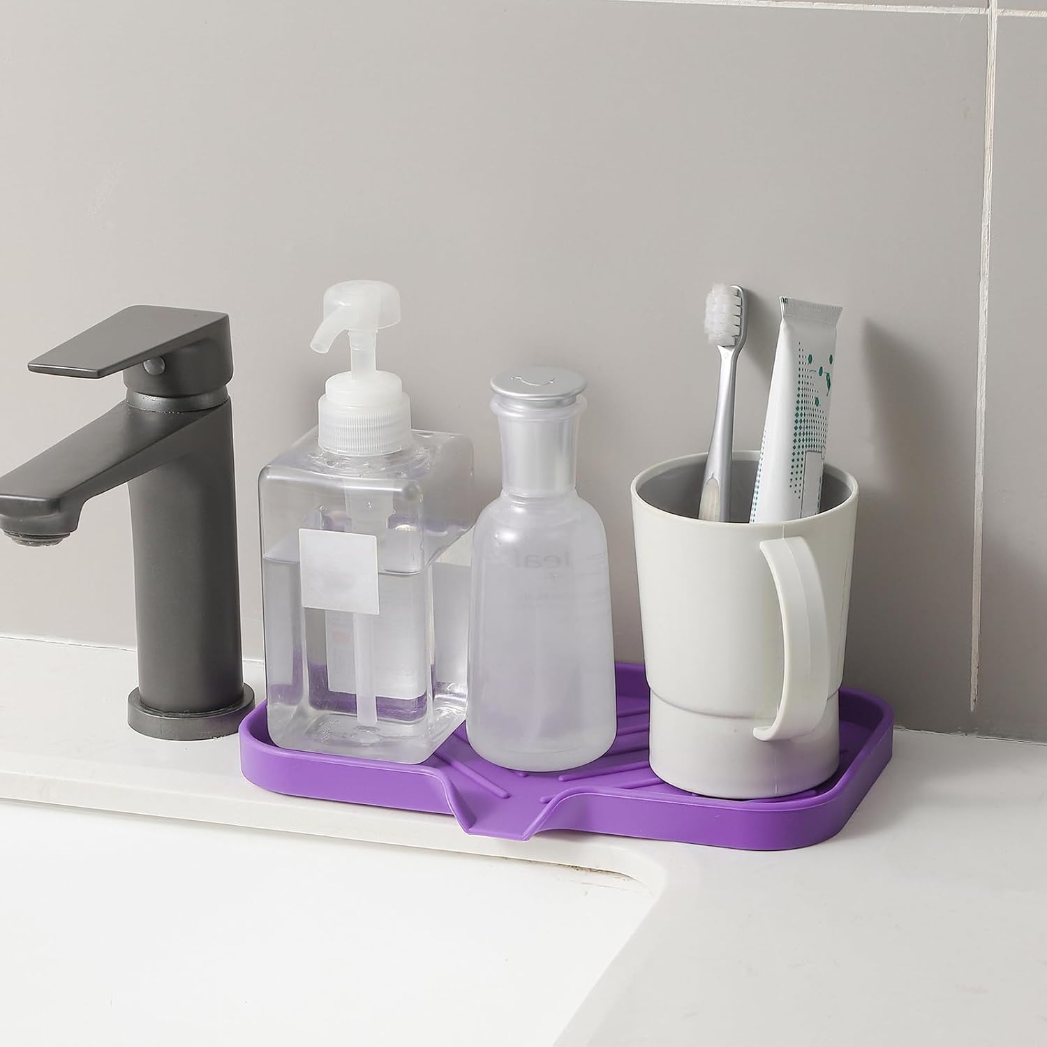 Silicone Bathroom Soap Dishes with Drain Spout-Bathroom and Kitchen Sink Organizer,Sponge Holder,Dish Soap Tray,Perfect for Dispenser,Scrubber,Bottle,Cup on Sink or Counter-Purple 9.6"×5.3"