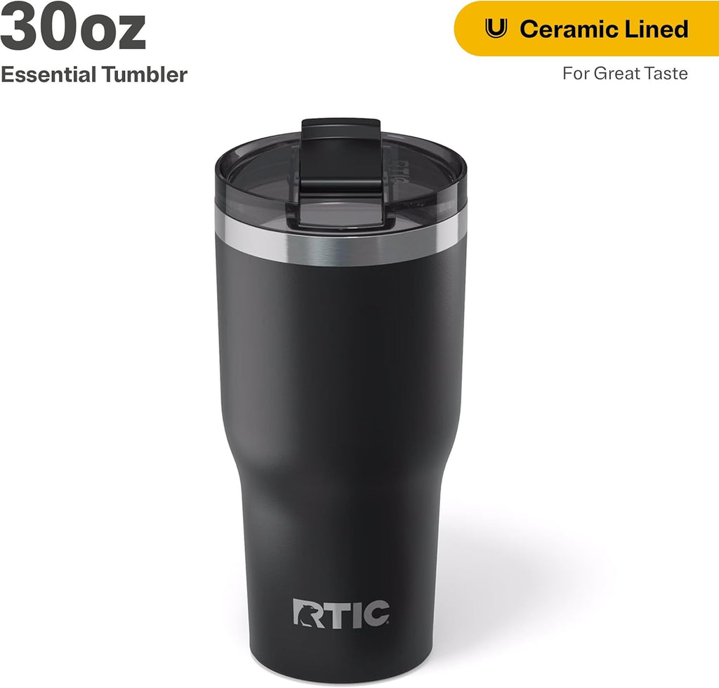 RTIC 30oz Essential Tumbler with Lid, Insulated, Stainless Steel, Metal, Double Wall Vacuum-Insulation, Ceramic Lined, Travel Cup for Iced Coffee, Tea, Hot and Cold Drink, Black