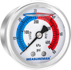 MEASUREMAN 2" Dial Size, Liquid Filled Pool Filter Pressure Gauge, 304 Stainless Steel Case, 0-60psi/420kpa,1/4" NPT Center Back Mount