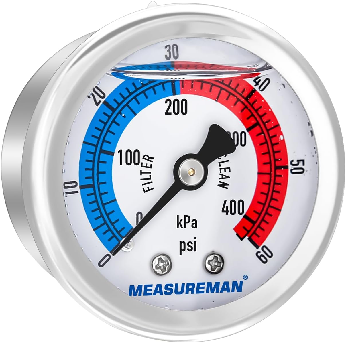 MEASUREMAN 2" Dial Size, Liquid Filled Pool Filter Pressure Gauge, 304 Stainless Steel Case, 0-60psi/420kpa,1/4" NPT Center Back Mount