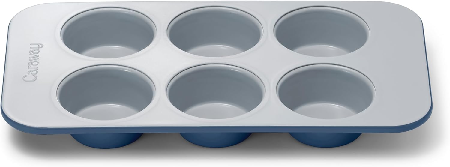 Caraway Nonstick Ceramic 6 Cup Muffin Pan – Non-Toxic, PTFE & PFOA Free – Oven Safe – Aluminized Steel Core – Small Muffin Pan for Baking Cupcakes, Muffins & More - Navy
