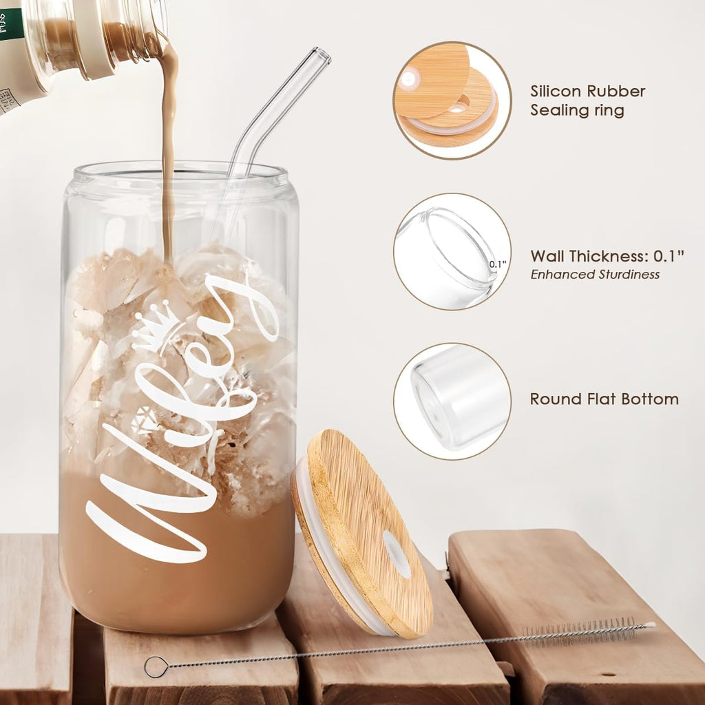 SANDJEST Wife Glass Can, Wifey Cup with Lid & Straw, Iced Coffee Aesthetic Cups, Idea Gift for Christmas Marriage Birthday Anniversary Valentine, Gifts for Women, 16oz