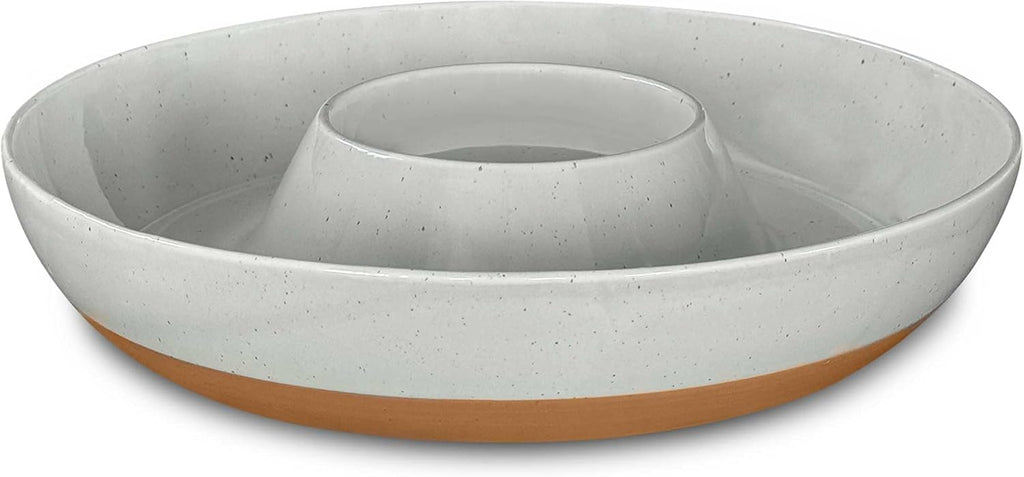 Mora Ceramic Chips and Dip Serving Tray: Large Divided Party Bowl Set for Chips & Salsa, Veggies & Dip, Fruit, Snacks, Entertaining, Hosting, etc. Minimalist Design for the Modern Hostess - Earl Grey
