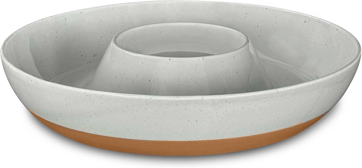 Mora Ceramic Chips and Dip Serving Tray: Large Divided Party Bowl Set for Chips & Salsa, Veggies & Dip, Fruit, Snacks, Entertaining, Hosting, etc. Minimalist Design for the Modern Hostess - Earl Grey