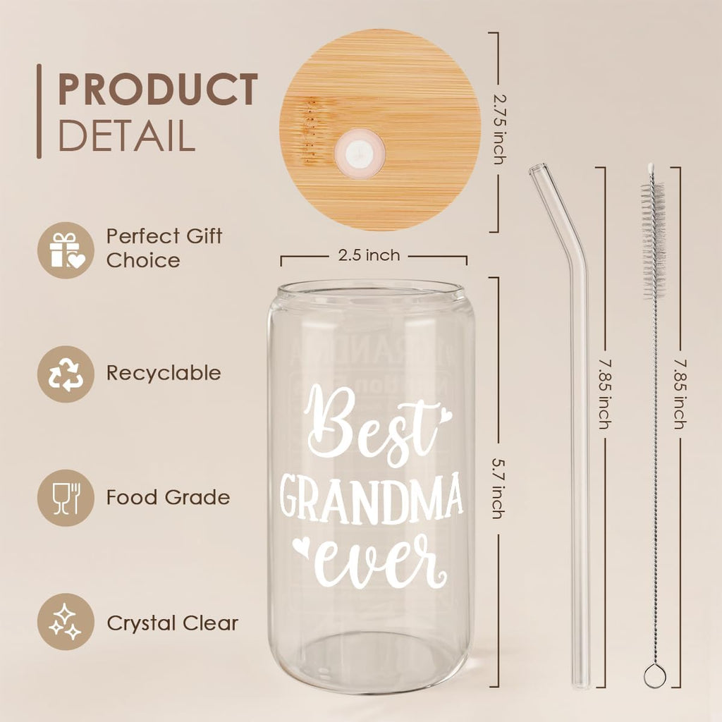 Grandma 16 Oz Can Glass Tumbler with Bamboo Lid and Straw - Iced Coffee Cups for Women, Aesthetic Glass Cup Gift for Grandmother Nana Birthday Christmas Mother's Day