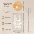 Grandma 16 Oz Can Glass Tumbler with Bamboo Lid and Straw - Iced Coffee Cups for Women, Aesthetic Glass Cup Gift for Grandmother Nana Birthday Christmas Mother's Day