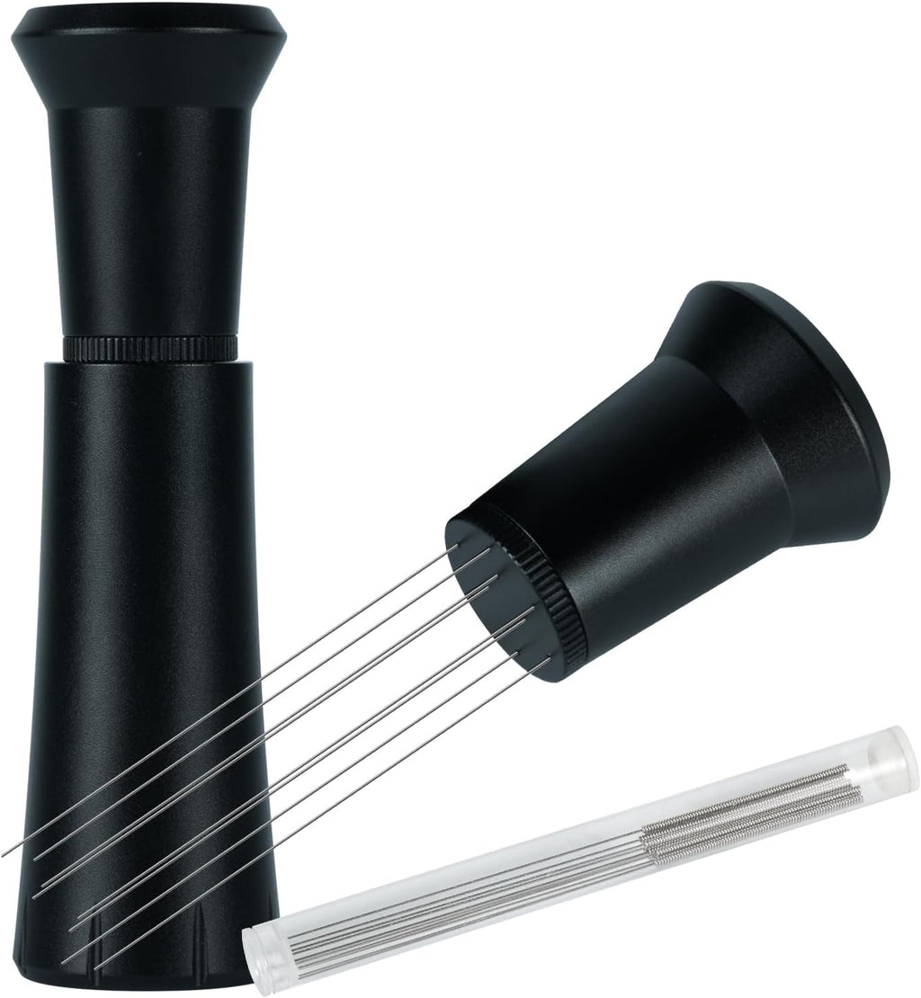 WDT Tool Espresso Distribution Tool with 10 x 0.25mm Stainless Steel Needles, Espresso Machine Accessories with 10 Extra 0.4mm Needles, Aluminum Alloy Handle Stand with Hide Brush for Barista