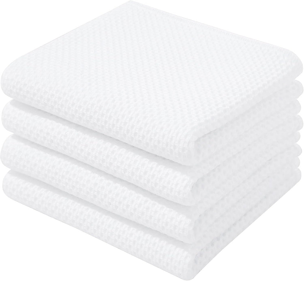 Homaxy 100% Cotton Waffle Weave Kitchen Dish Towels, Ultra Soft Absorbent Quick Drying Cleaning Towel, 13 x 28 Inches, 4-Pack, White