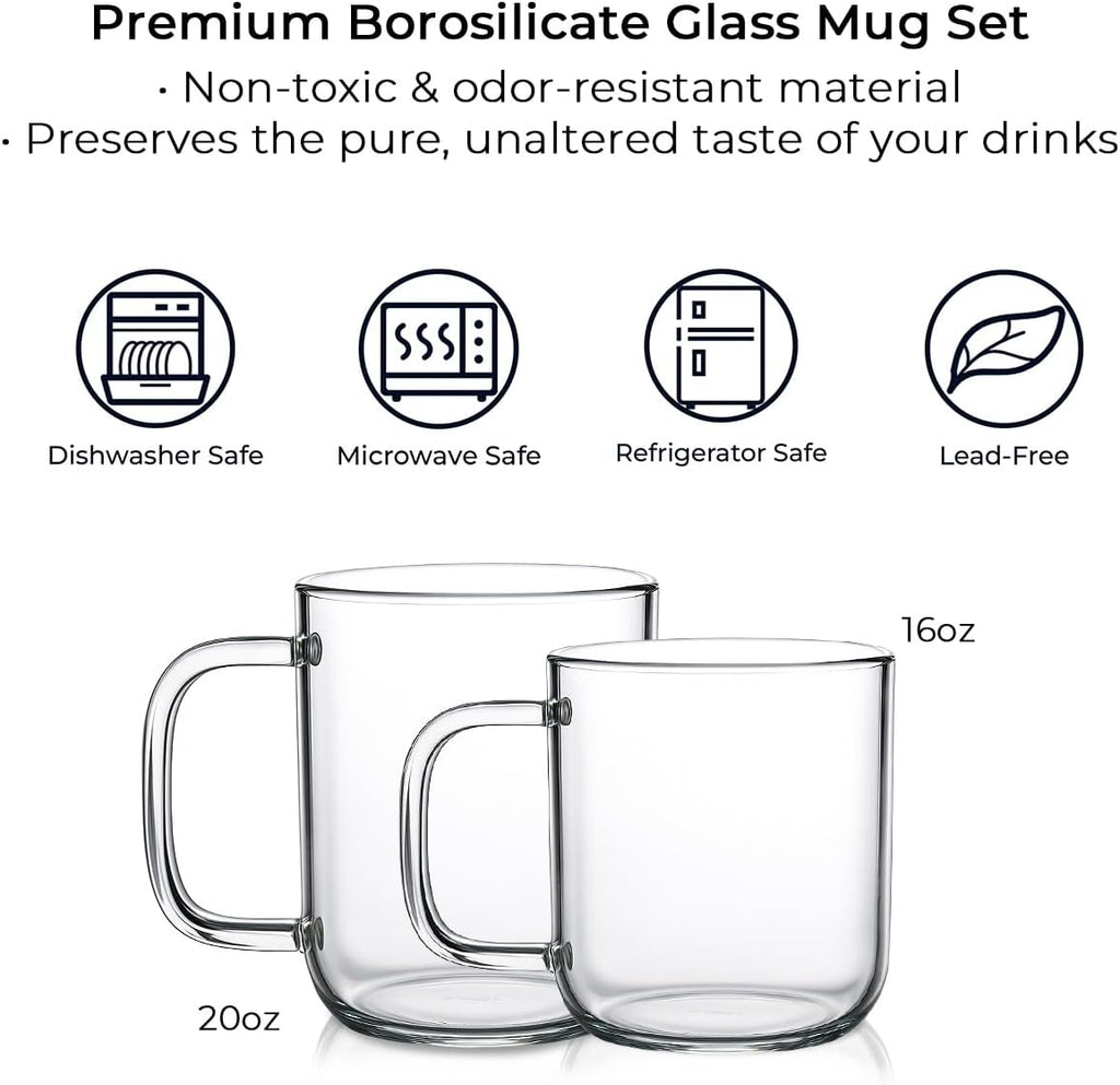 Aquach Glass Mugs 16 oz Set of 2, Large Clear Glass Cup with Handle for Hot/Cold Coffee Tea Beverage, Drinking Glasses