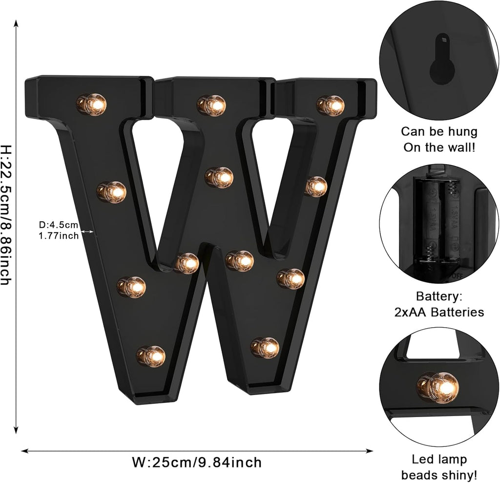 Foaky Black LED Letter Lights for Room Decor - Bedroom Wall Decor, Alphabet Lights for Home, Wedding, Party - Battery Operated （W）