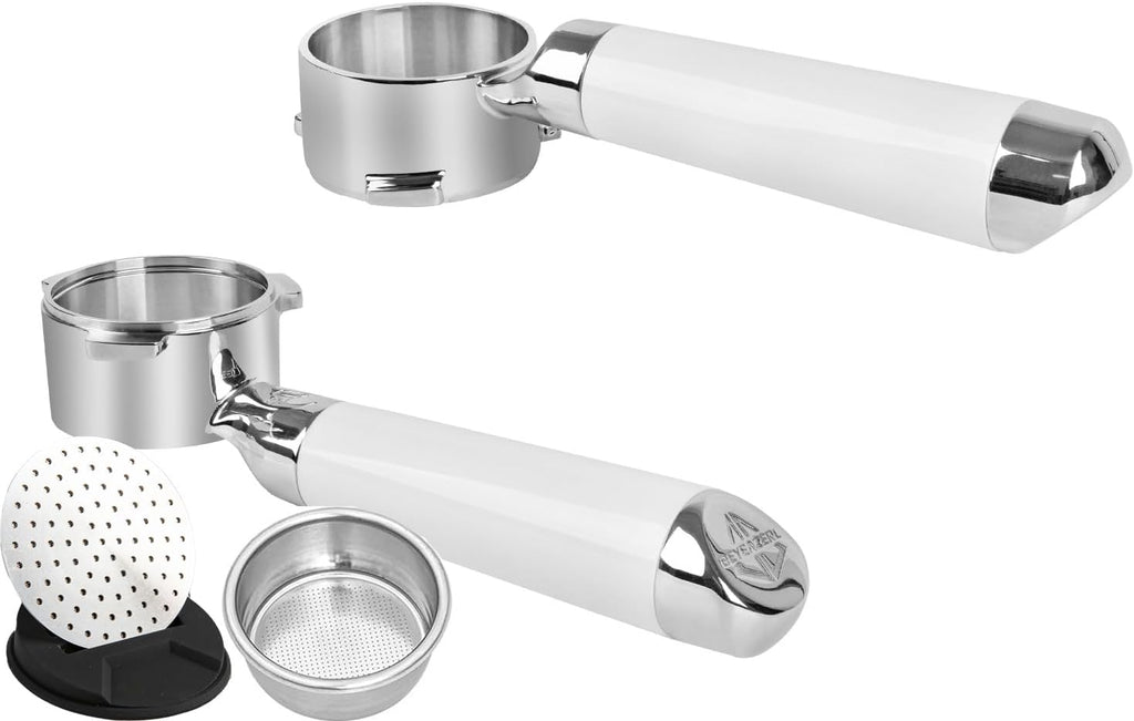 54mm Bottomless Portafilter Set – Includes Precision Filter Basket, Puck Screen & Stand – Compatible with Breville Barista Express, Barista Pro & 54mm Breville Machines, White