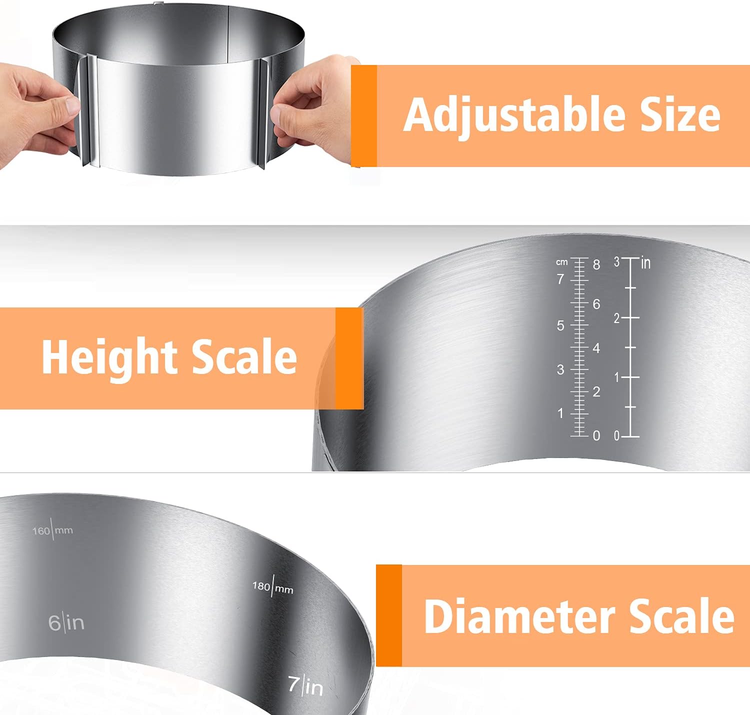 iNeibo Cake Ring and Cake Collar Set, 6 to 12 Inch Adjustable Cake Mousse Mould Set with 6inch Clear Cake Roll, Stainless Steel Pastry Ring, Mousse Ring, Ring Mold for Baking